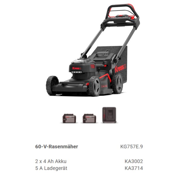KRESS 60V 46cm Akku Rasenmäher mit Varioantrieb KIT inkl. KA3002+KA3714