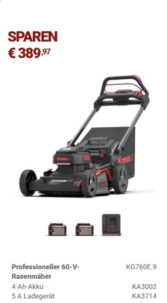 KRESS 60V 51cm Akku Rasenmäher mit Varioantrieb KIT inkl. KA3002+KA3714
