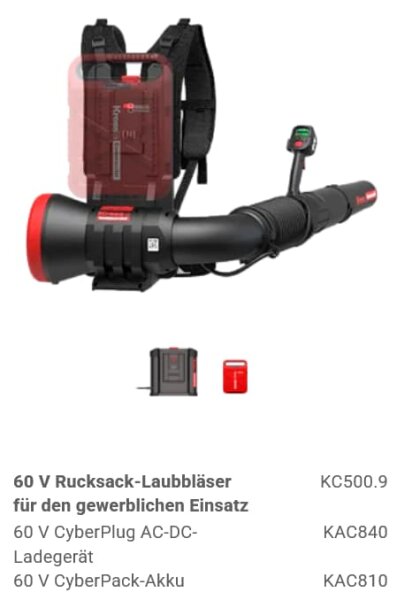 KRESS 60V Rückentragbarer Laubbläser  30 A CyberPlug-Ladegerät + 660Wh Cyberpack + 35N